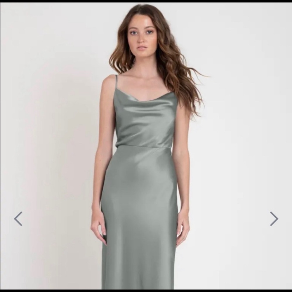 Jenny Yoo floor length satin gown in moss
